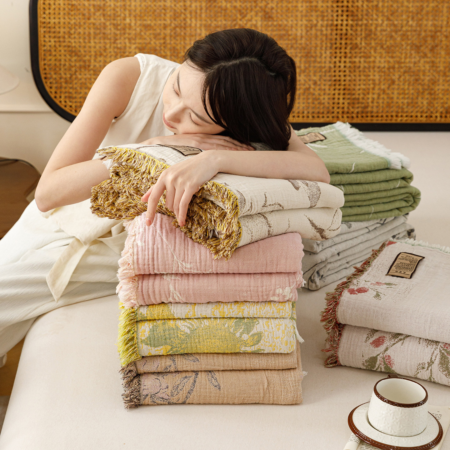 A类浴巾毛巾毯2026新款全棉纯棉60s精细纱流苏花边四层纱布毛巾被