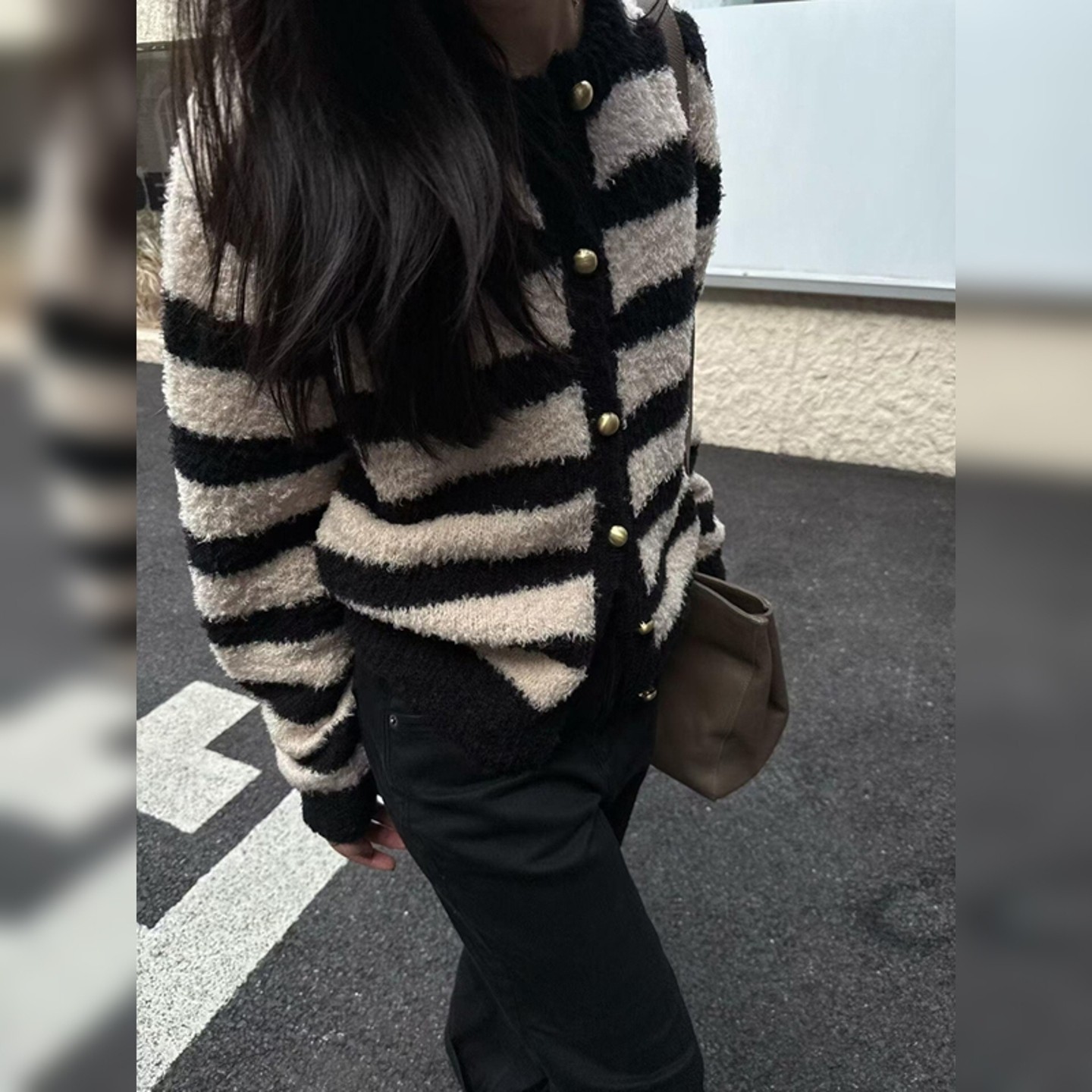 气质圆领韩系条纹毛衣慵懒高级感毛茸茸金属扣开衫外套女秋冬新款,女装/女士精品,大码内搭,淘宝优惠券,粉丝福利购,淘宝优惠卷