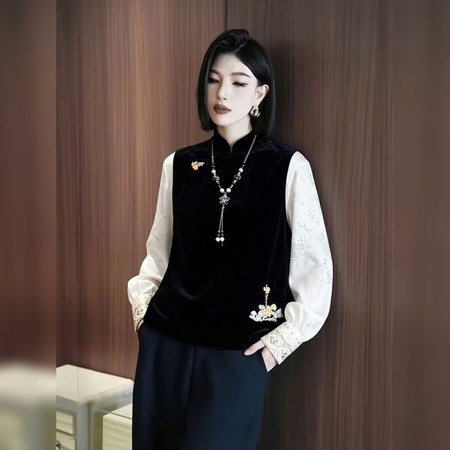 新中式国风高级感黑色钉珠绣花马夹提花衬衫女春季新款洋气两件套,女装/女士精品,大码套装,淘宝优惠券,粉丝福利购,淘宝优惠卷