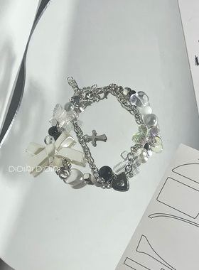 满五送一 原创DIY辣妹y2k千禧甜酷黑粉透珍珠蝴蝶结爱心串珠手链