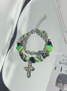 满五送一 原创DIY辣妹千禧y2k甜酷爱心小熊十字架太极亚串珠手链