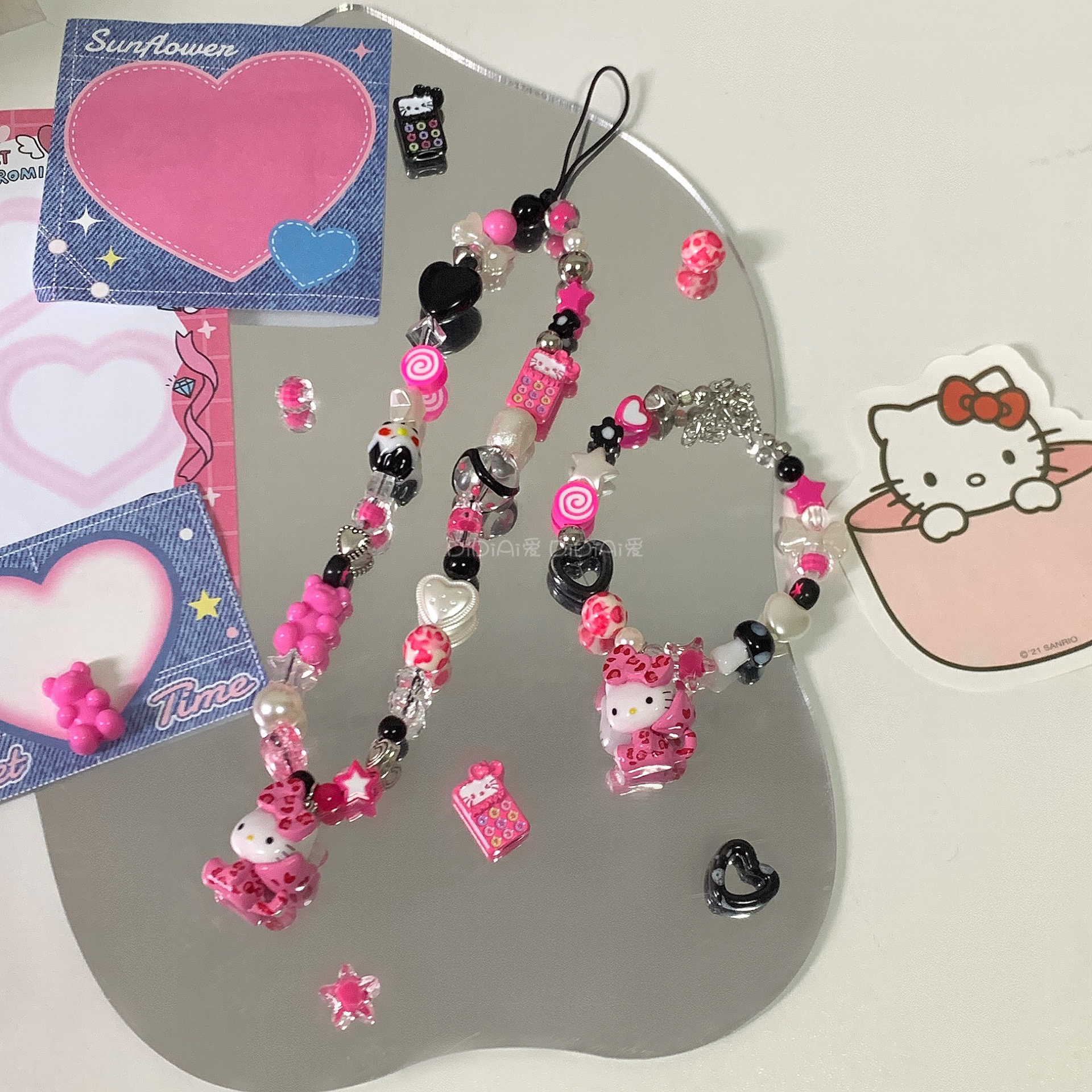 满五送一 原创黑粉豹纹凯蒂hellokitty闺蜜礼物串珠手链ccd手机链