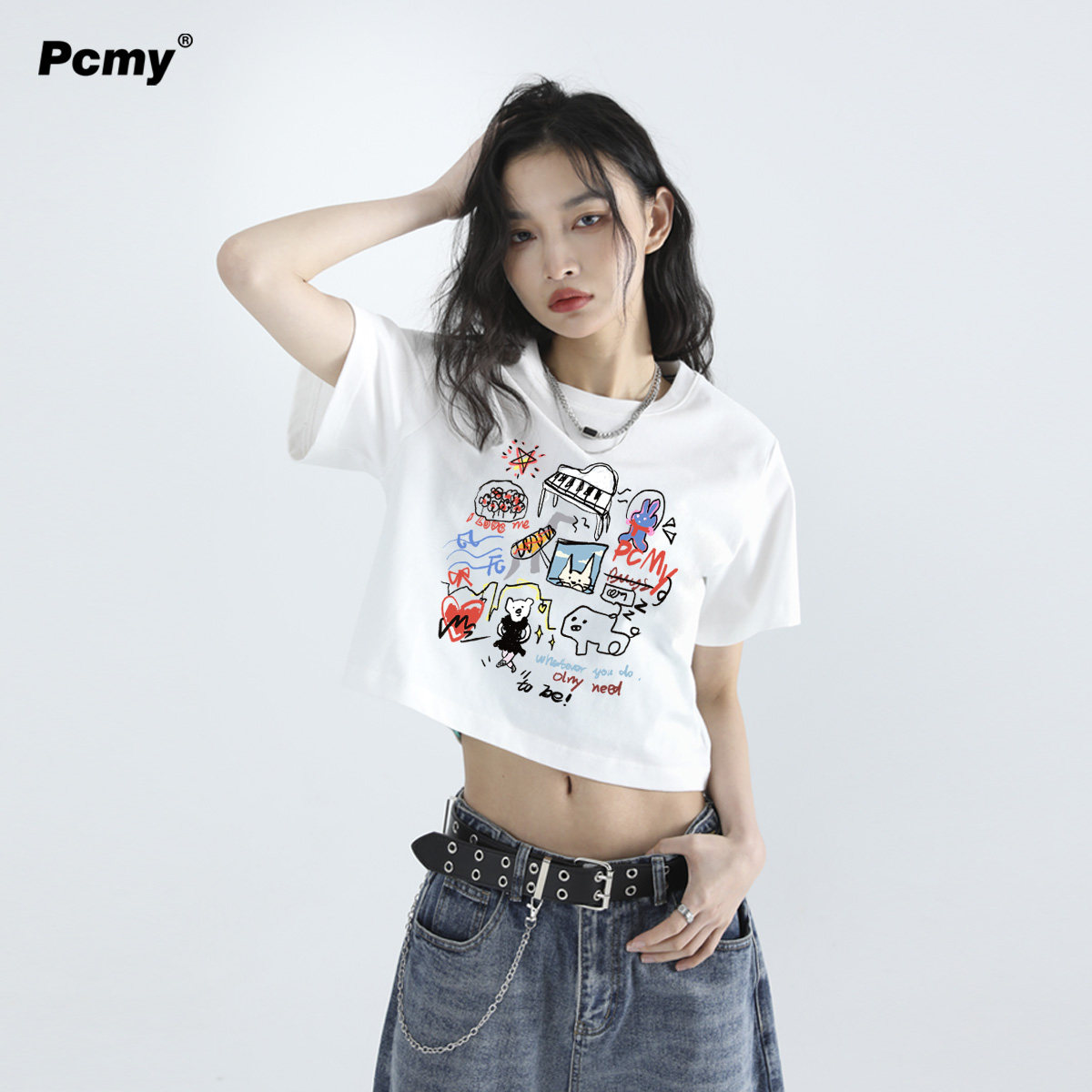 PCMY钢琴小兔涂鸦潮牌短袖2026夏季新款女纯棉小个子正肩短款T恤
