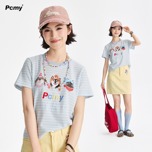PCMY联名条纹显瘦女士短袖T恤
