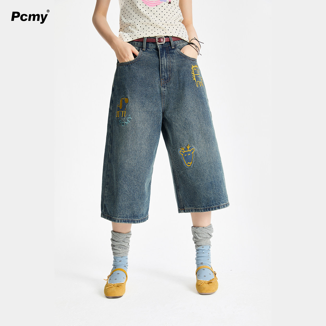 PCMY美式潮牌刺绣牛仔七分裤2026新款夏季直筒阔腿男女休闲短裤子