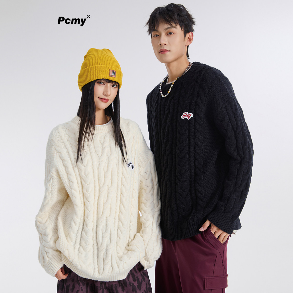 PCMY潮牌复古简约麻花毛衣圆领秋冬季宽松休闲情侣装绞花针织衫男
