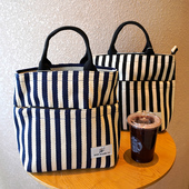 条纹帆布手提女包手拎时尚 小包文艺布袋拉链款 上班包大容量饭盒袋