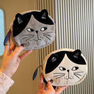 出口日本卡通猫咪刺绣零钱包女化妆包小物收纳包可爱毛绒小钱包