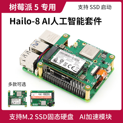 树莓派5 AI Kit人工智能套件 PCIE转M.2扩展板 Hailo-8 AI加速器