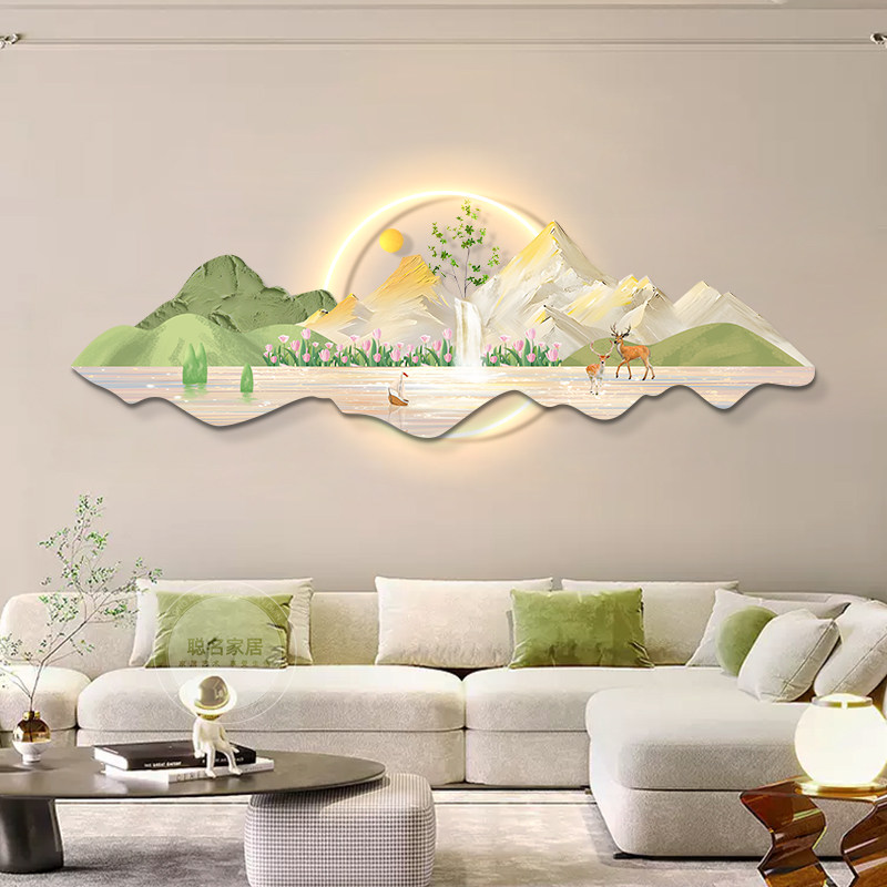 北欧客厅装饰画壁灯日照金山沙发背景墙挂画奶油原木风景山水画