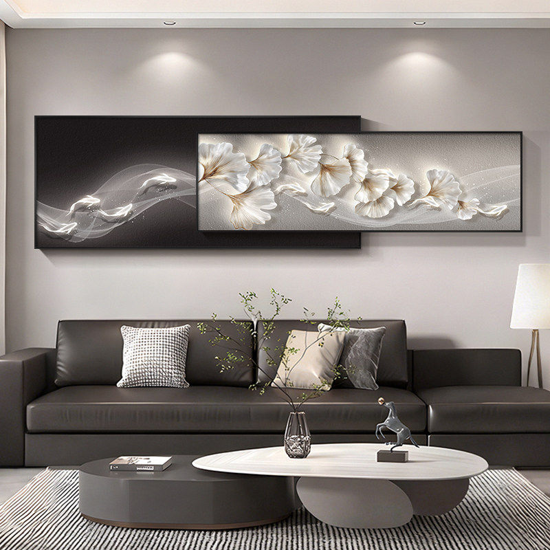 现代轻奢高级感客厅装饰画大气高档沙发背景墙挂画银杏叶叠加壁画