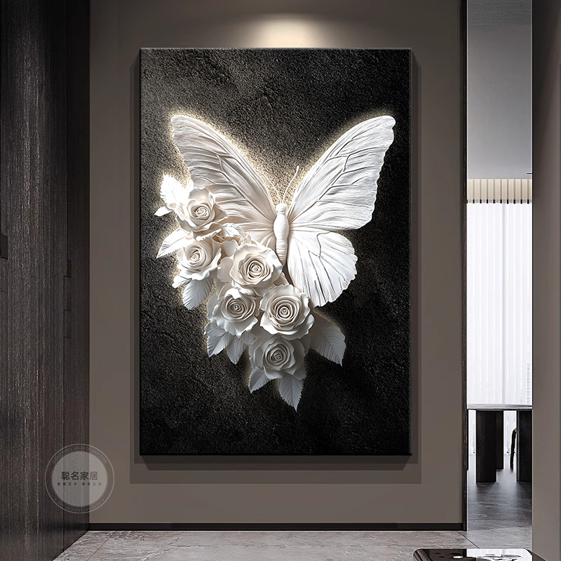黑白蝴蝶玄关装饰画浮雕立体感沙发背景墙挂画高档大气客厅落地画图片