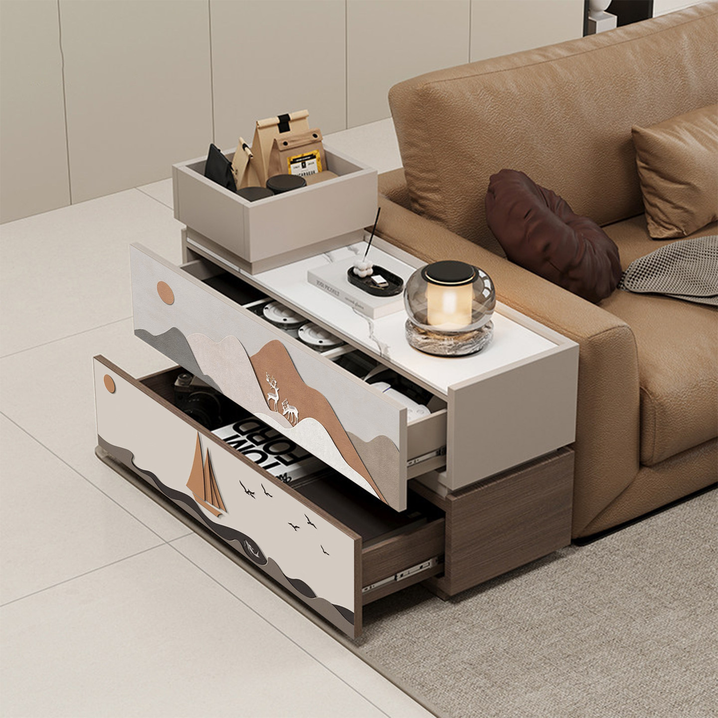 轻奢城堡沙发边柜意式简约客厅岩板长方型边几多组合小型窄储物柜