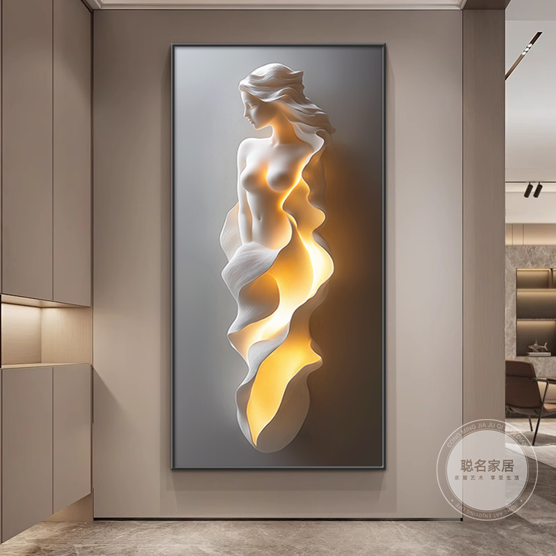 现代轻奢入户门玄关装饰画简约抽象走廊过道挂画高级浮雕感壁灯画图片