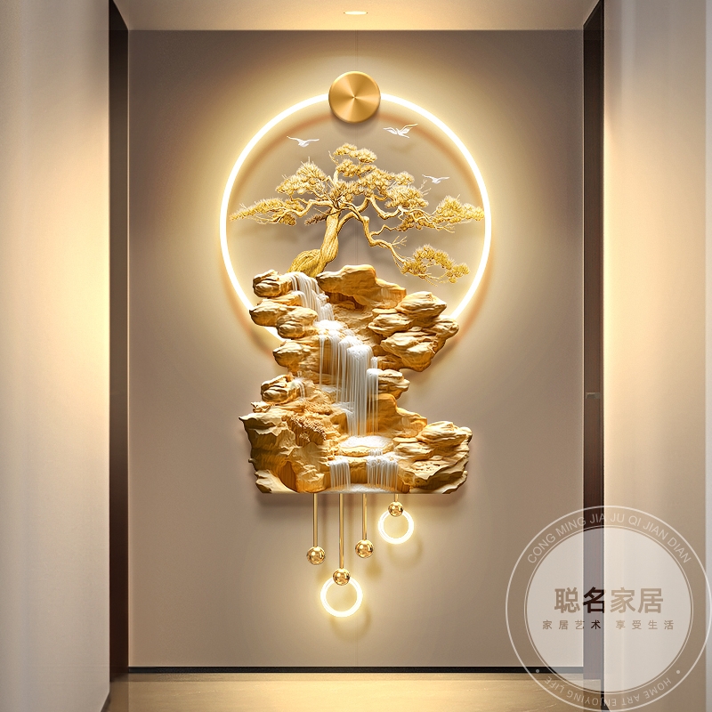 轻奢金色迎客松树入户门玄关装饰画高山流水生财走廊过道带灯壁画图片