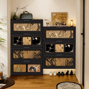 中古风超薄款翻斗鞋柜极窄家用门口高级感入户门收纳柜木制免安装