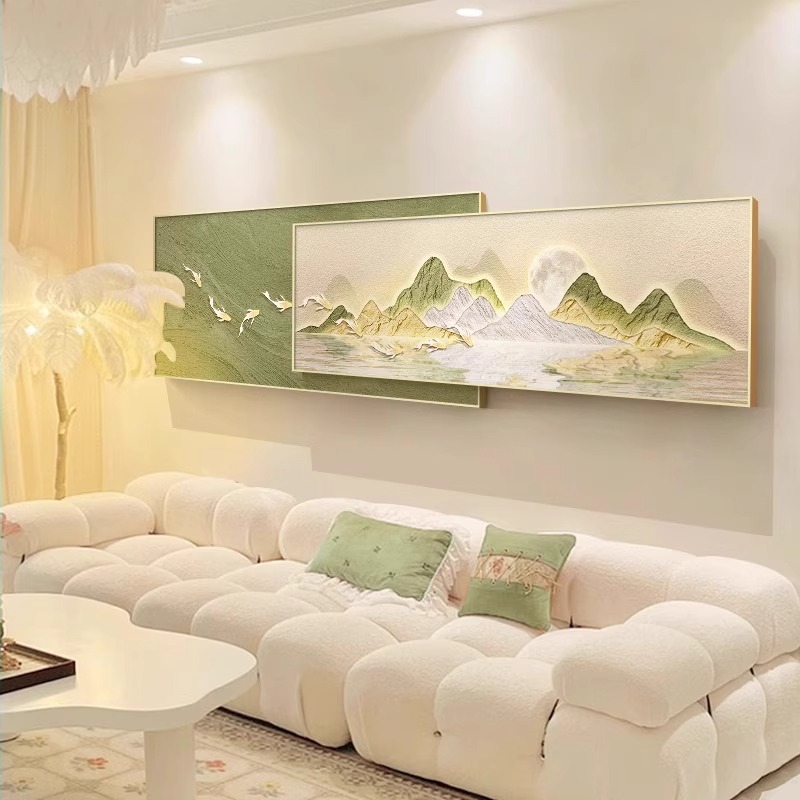 北欧奶油风聚宝盆客厅装饰画日照金山沙发背景墙壁挂画叠加山水画
