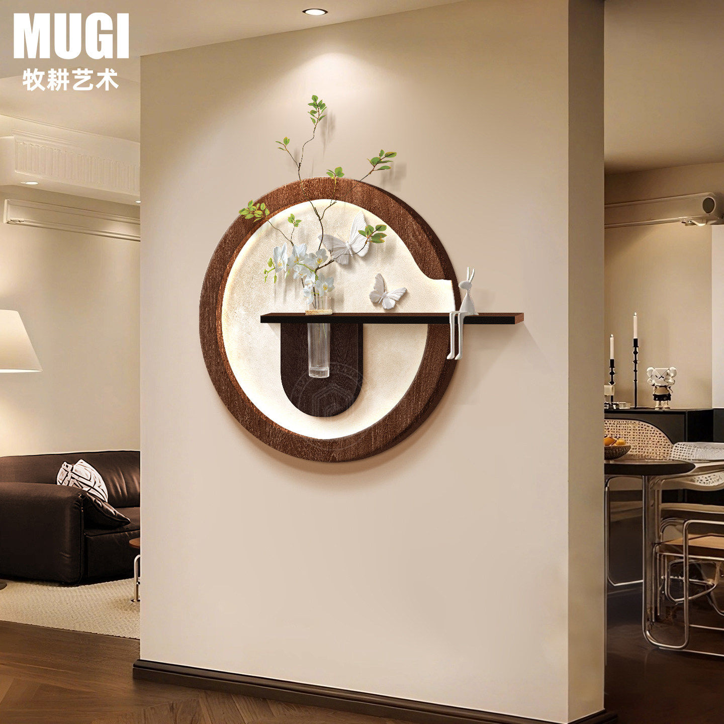 中古风入户玄关装饰画水培绿植走廊过道挂画客厅造景砂岩墙壁灯画