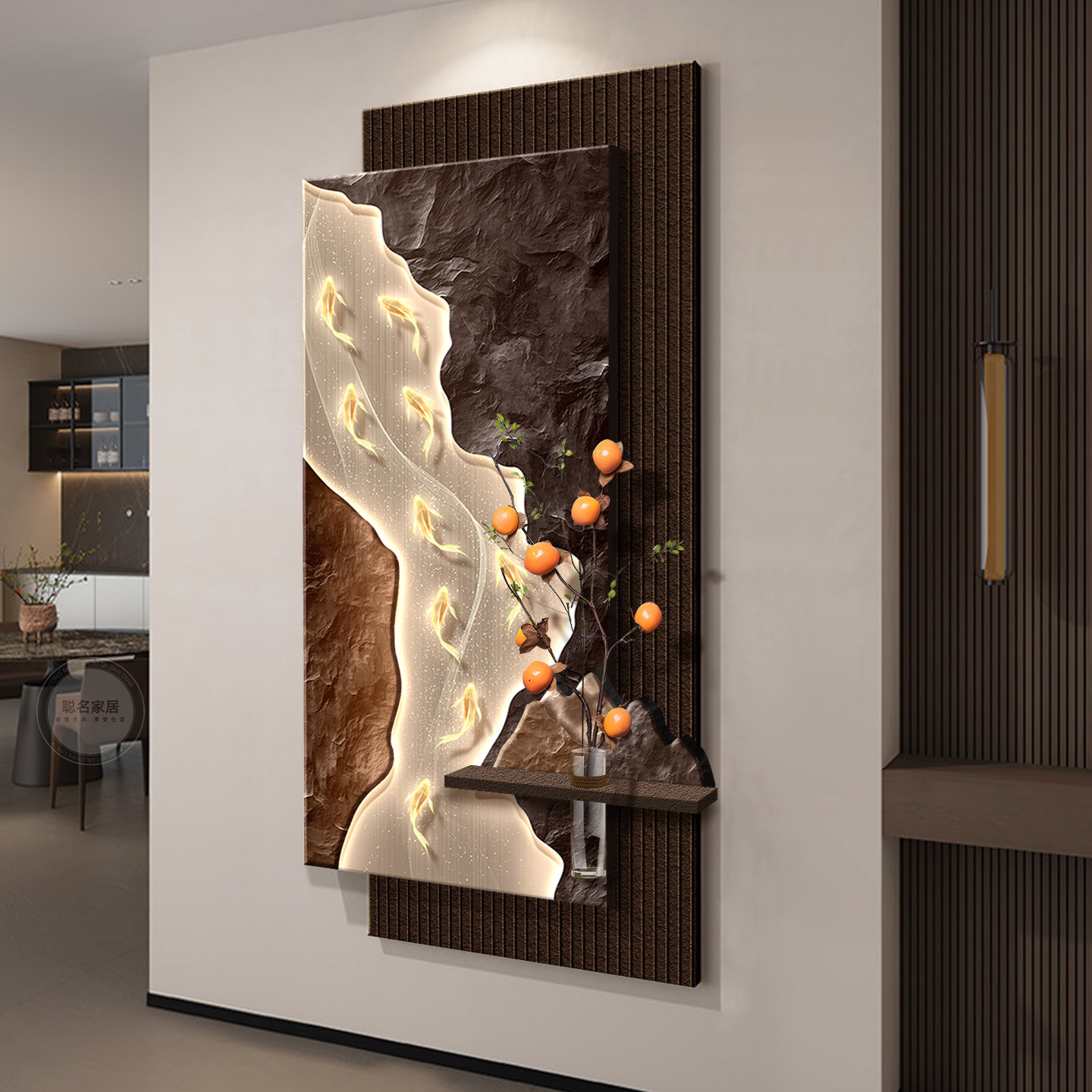 轻奢九鱼图玄关装饰画寓意好入户门挂画高级感走廊过道立体壁画灯,家居饰品,现代装饰画,淘宝优惠券,粉丝福利购,淘宝优惠卷