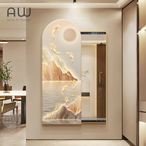 现代轻奢九鱼图玄关推拉全身镜挂画 画隐藏式可关闭隐形全身镜装