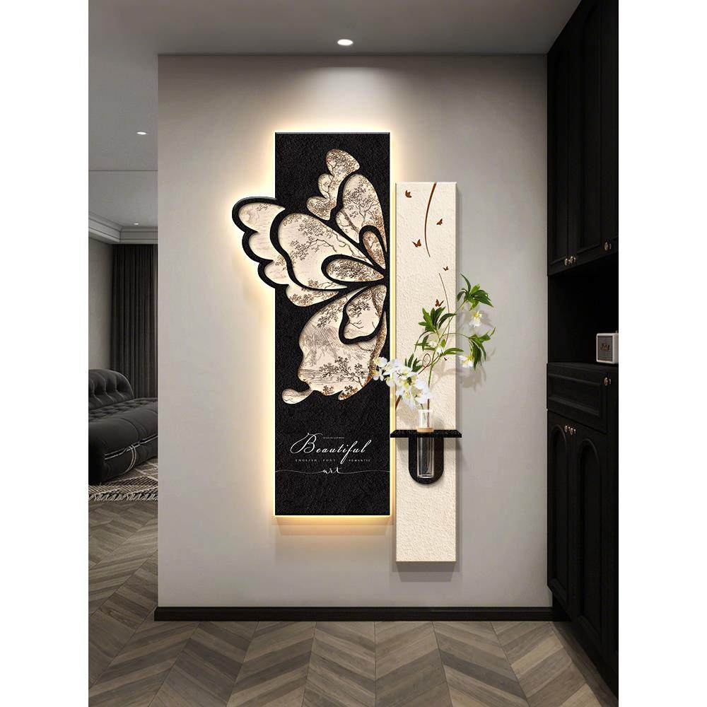 中古风玄关带灯装饰画2026新款走廊尽头挂画入户正对门高级感壁画