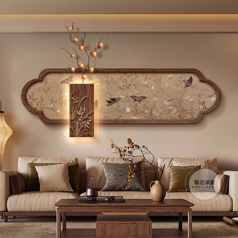 2026新款新中式客厅装饰画带led壁灯复古沙发背景墙挂画立体砂岩