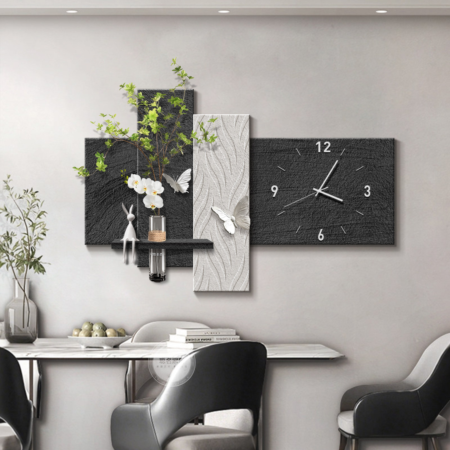 水培绿植餐厅装饰画钟表意式极简客厅背景墙挂画创意大白墙壁画灯