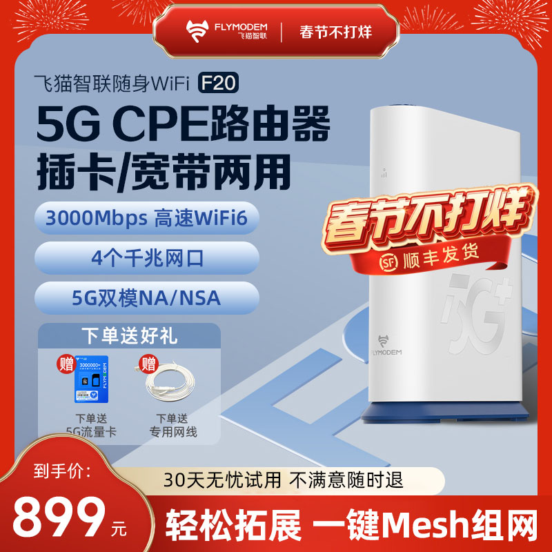 【新品上市】飞猫智联5g插卡路由器F20高速随身wifi移动无线网络wifi6千兆宽带网有线光纤双模CPE网卡路由器