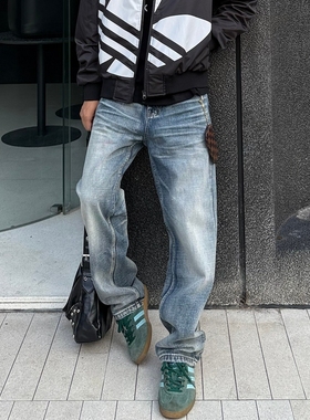 Start美式高街复古水洗猫须蓝色牛仔裤男通勤宽松直筒设计感长裤