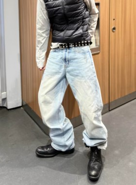 Start美式复古水洗浅蓝色直筒牛仔裤男秋冬百搭宽松休闲拖地长裤