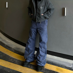 Start美式复古vintage水洗做旧弯刀工装裤男女cleanfit法工蓝裤子