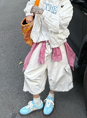 Start美式复古白色工装七分裤男夏季百搭休闲多口袋阔腿牛仔短裤