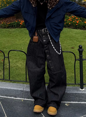 Satrt美式复古高街弯曲长排扣弯刀牛仔裤男秋冬宽松垂感阔腿裤潮