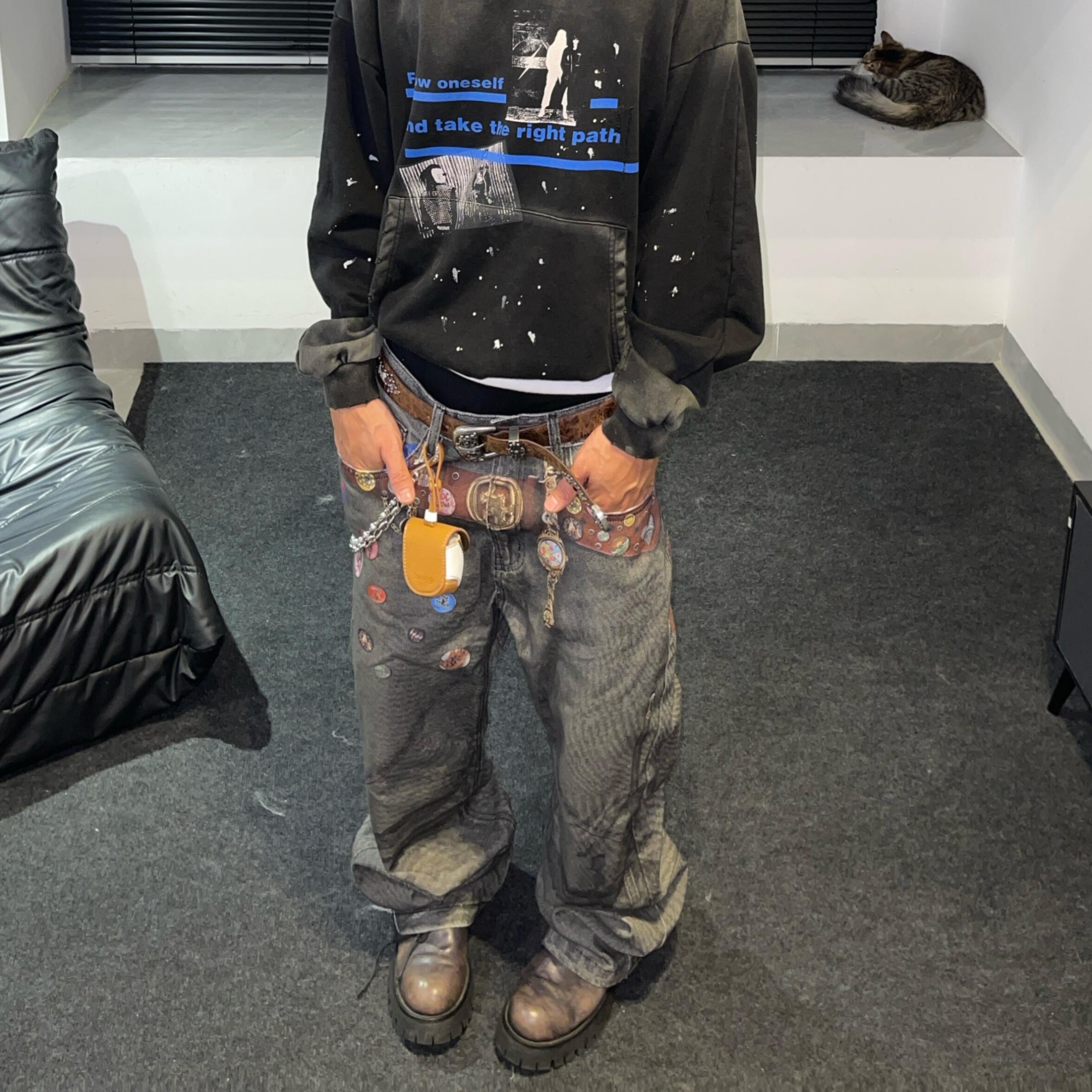 美式复古3D印花设计感牛仔裤