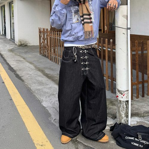 美式复古设计感飞机扣廓形牛仔裤