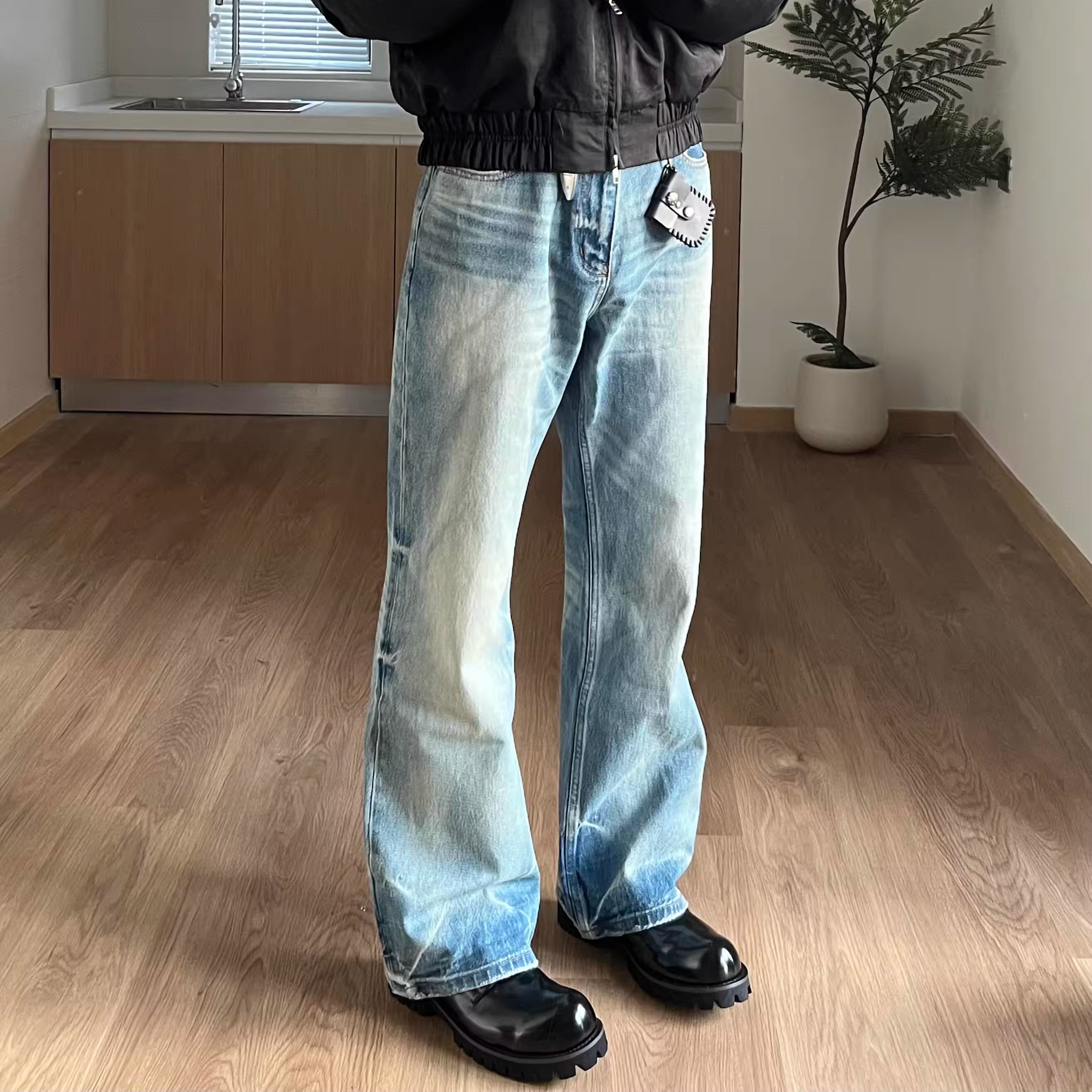 美式cleanfit复古水洗猫须牛仔裤