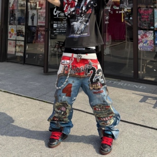 Start美式潮牌设计感3D打印豹纹牛仔裤男街头hiphop阔腿直筒长裤