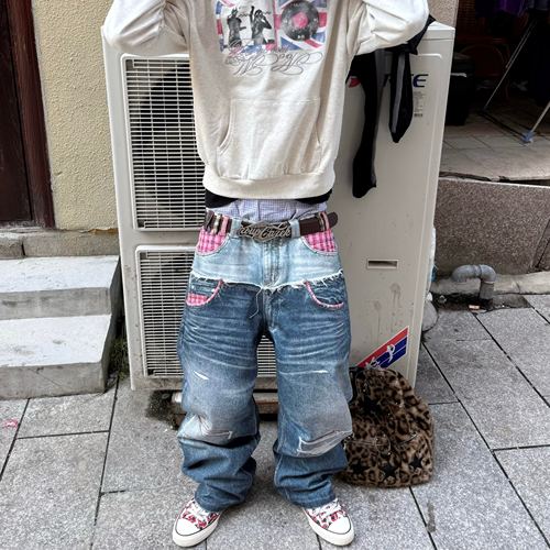 街头水洗格纹拼接双腰头牛仔裤