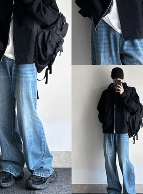 Start潮牌复古蓝色水洗阔腿牛仔裤男美式百搭宽松直筒垂感长裤子
