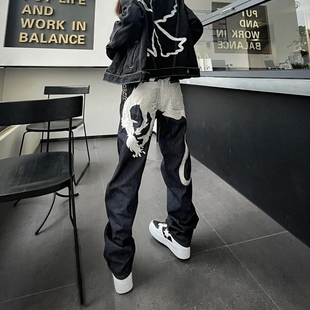 Start美式高街嘻哈银龙刺绣牛仔裤男潮牌宽松设计感小众直筒长裤