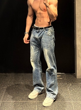 Start美式复古水洗做旧牛仔裤男cleanfit宽松百搭直筒微喇长裤子