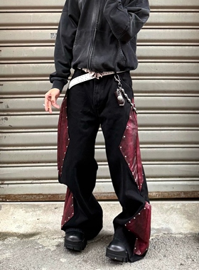 Start美式高街小众设计感蛇皮拼接牛仔裤男潮牌百搭阔腿直筒长裤