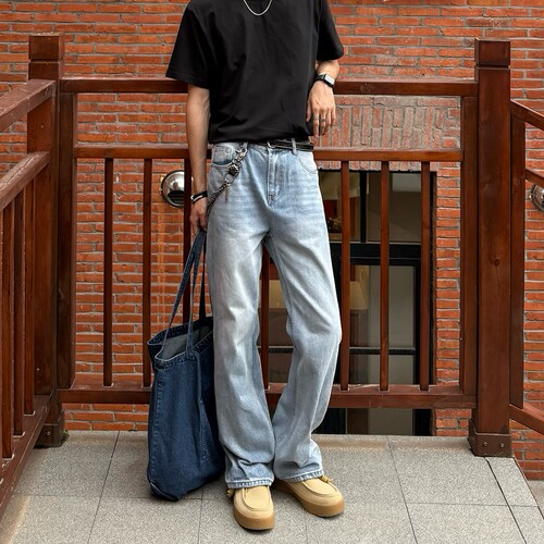 美式街头水洗宽松直筒牛仔裤