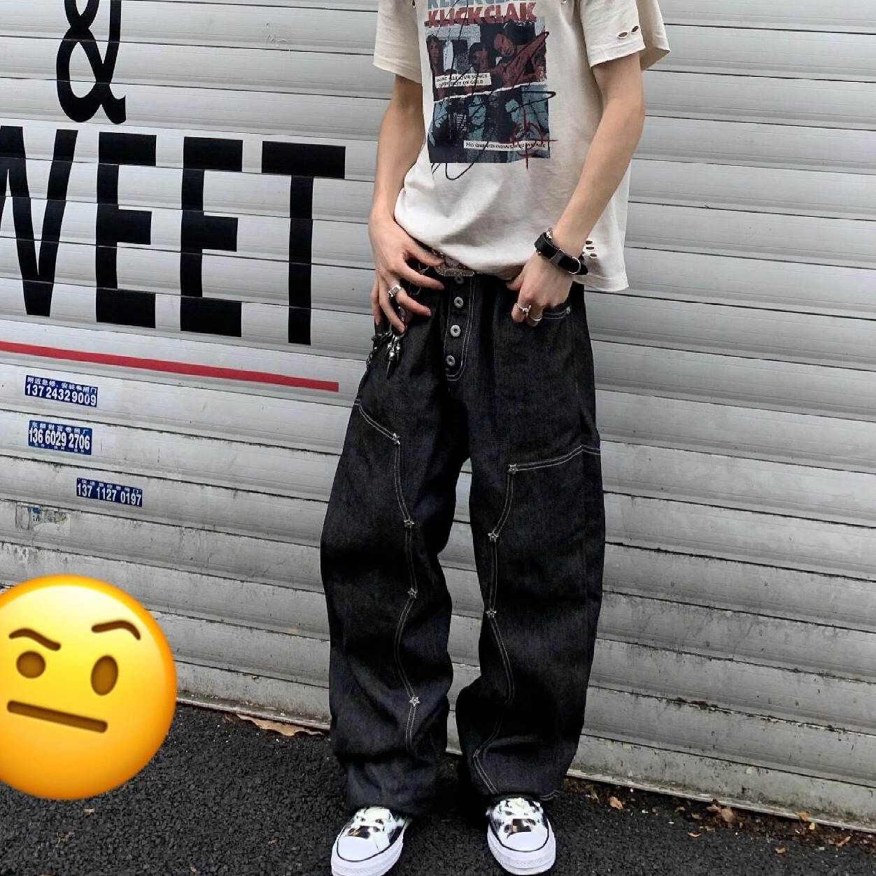 美式小众星星铆钉排扣牛仔裤