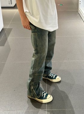 Start美式复古工装牛仔裤男vibe高街做旧宽松直筒水洗侧拉链裤子