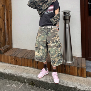 美式复古破洞珍珠迷彩牛仔七分裤男女夏季baggy宽松阔腿工装短裤