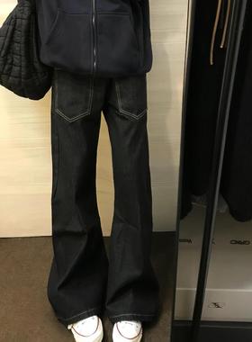 Start美式复古黑色反穿设计弯刀牛仔裤男阔腿拼接休闲微喇拖地裤