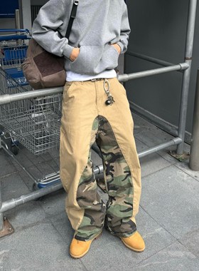 Start小众美式设计感迷彩拼接工装裤男女潮牌宽松卡其色阔腿裤子