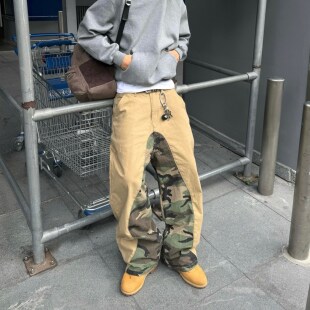 Start小众美式设计感迷彩拼接工装裤男女潮牌宽松卡其色阔腿裤子