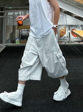 Start美式复古水洗白色工装七分牛仔裤男ins潮牌宽松直筒休闲裤子